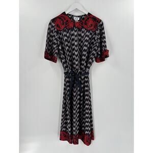CUE Vintage Dress Womens 20W Black Red Belted Geometric Midi Length Buttons